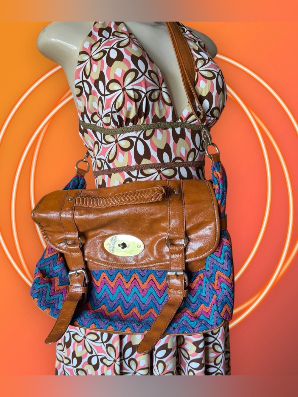 Boho statement mailbag Chevron Pattern Tan + Blue Bag 90s tv inspo messenger bag